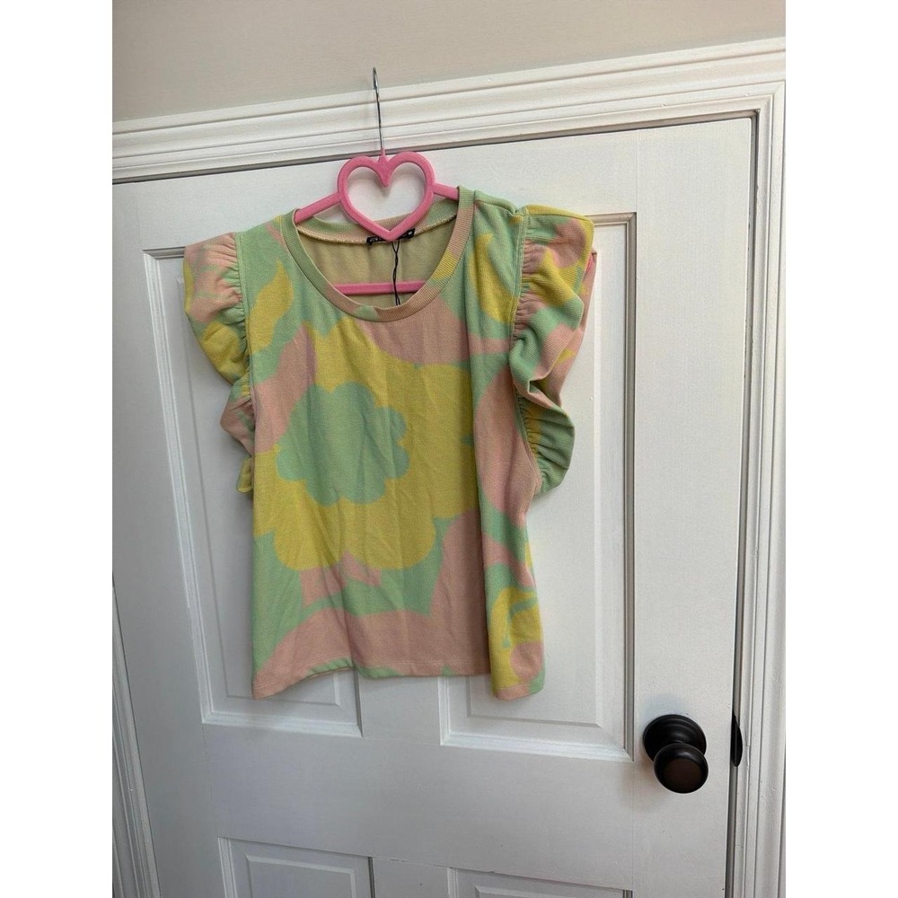 Zara pastel floral groovy ruffle-sleeve top playful pink, yellow women's large